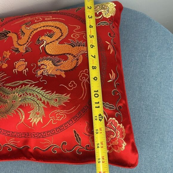Red Satin Dragon Phoenix Decorative Pillow - Picture 3 of 4